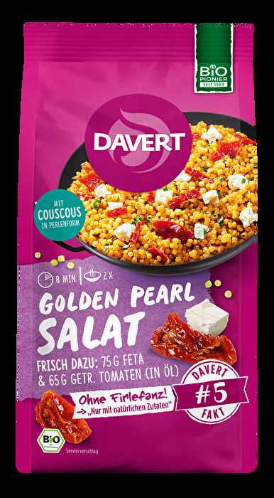 Die Golden Pearl Salat Trockenmischung von Davert bietet Dir in nur etwa 8 Minuten ein schnelles und köstliches Mahl.