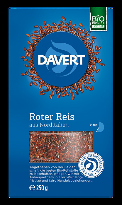 Roter Reis von Davert ist das Ergebnis einer natürlichen Kreuzung von Wild- und Kulturreis. Seine charakteristische rote Farbe verdankt er den mineralreichen, tonhaltigen Böden, auf denen er wächst.