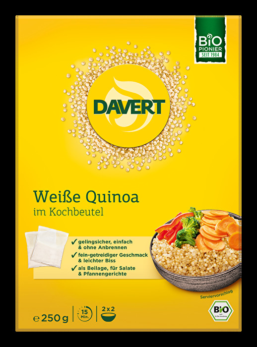Der weiße Quinoa von Davert in höchster Bio-Qualität bietet einen leichten Biss und einen feinen, getreidigen Geschmack.