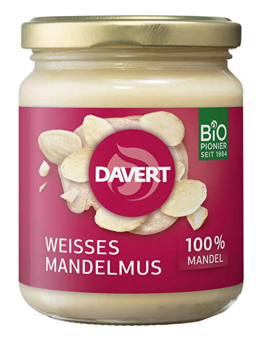 Das weiße Mandelmus von Davert besteht aus 100% geschälten Süßmandeln, die schonend blanchiert und fettfrei geröstet werden.