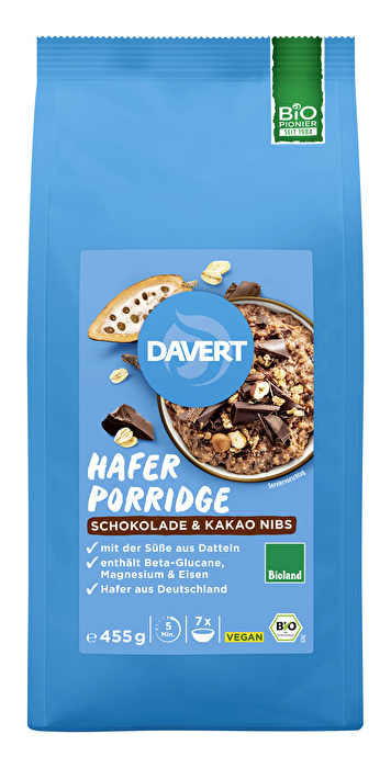 Porridge in XXL: Mit dem Hafer XL Porridge Schokolade mit Kakao Nibs von Davert kannst du dir für eine ganze Woche täglich einen köstlichen Genuss gönnen.