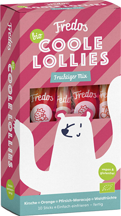 Fredos Fruchtiger Mix enthält die Coolen Lollies in vier fruchtigen Sorten: Kirsche, Pfirsich-Maracuja, Waldfrüchte und Orange bescheren ein bunt-sommerliches Schleckvergnügen für kleine und große Naschbären.