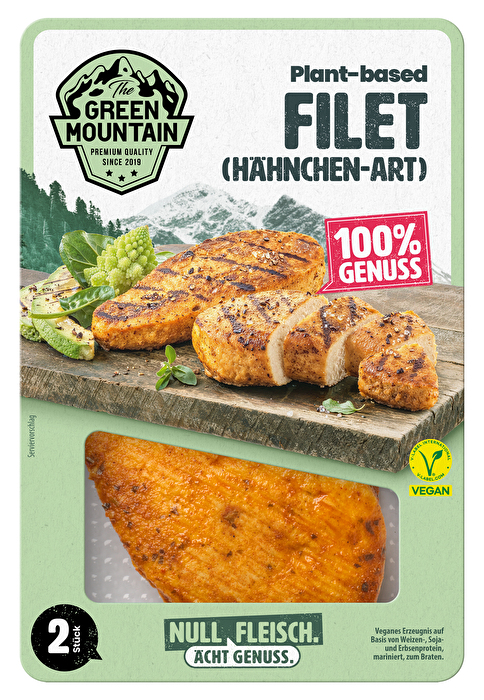 Das Chicken Filet von Green Mountain auf Basis von Weizen- und Sojaeiweiß ist ein schnell zubereitetes veganes Hühnchensteak mit einer knackigen Konsistenz und einem sehr authentischen Geschmack.