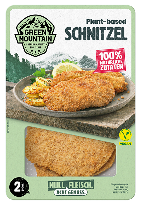 Das vegane Schnitzel von Green Mountain auf Basis von Soja- und Weizeneiweiß kommt in einer herzhaften Panade daher und lässt sich leicht und vor allem schnell in der Pfanne zubereiten.