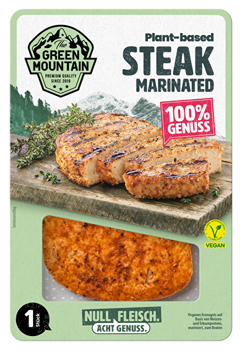 Das vegane Steak marinated von Green Mountain - ein gutes Stück Seitanfleisch in einer bissfesten Konsistenz, mariniert in einem Paprika-Zwiebel-Sud.