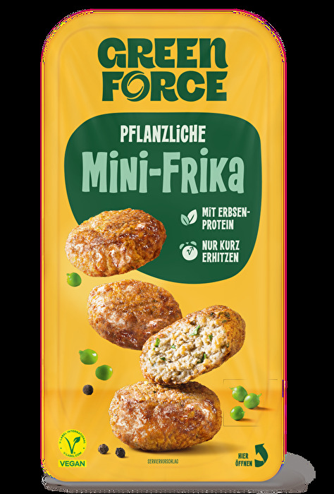 Genau wie die große vegane Frikadelle, kommen auch die kleinen frische Mini Frika von GREENFORCE mit Erbsenprotein daher.