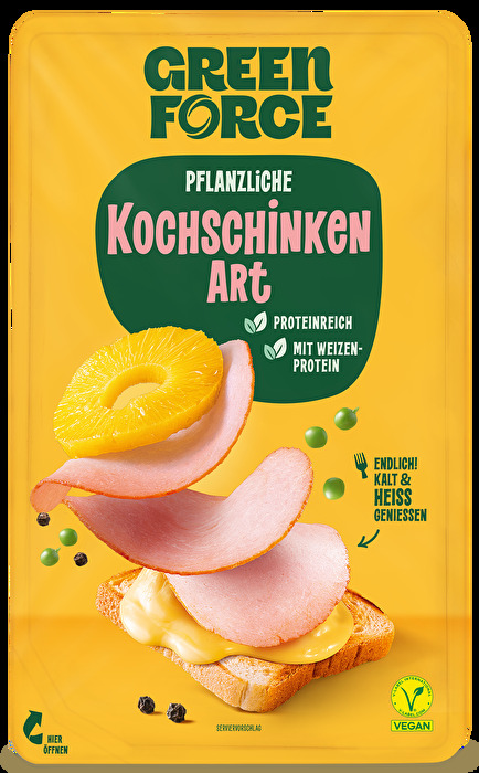 Herzhaft und delikat. Dafür braucht es kein Fleisch, dafür braucht es nur GREENFORCE und den veganen Aufschnitt Kochschinken Art.