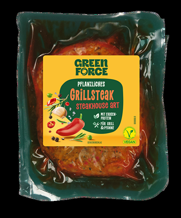 Das pflanzliche Grillsteak – Steakhouse Art von GREENFORCE überzeugt mit einer saftigen, schnittfesten Textur und einem fein abgestimmten Würzaroma.