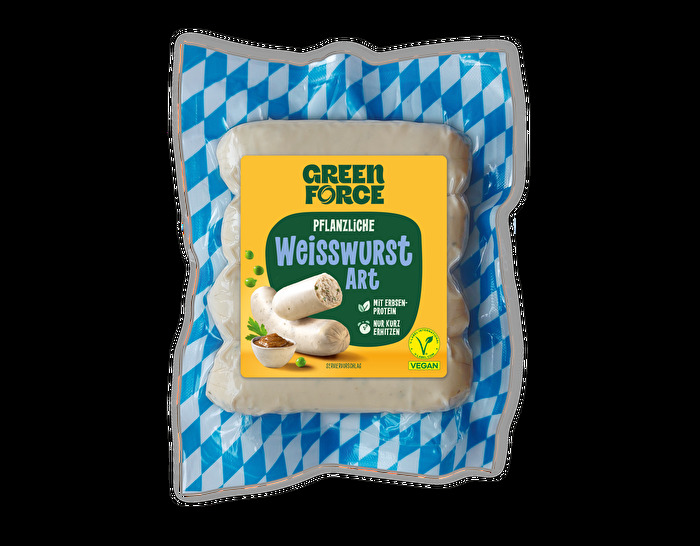 Die vegane Weisswurst Art von GREENFORCE ist eine herzhafte und leckere Wurst-Alternative auf Erbsenbasis.