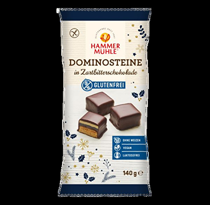 Der Verkaufsschlager zu Weihnachten – feine Dominosteine von Hammermühle nach traditioneller Rezeptur mit edlem Marzipan und leichter Apfelfruchtfüllung, umhüllt von aromatischer Zartbitterschokolade.