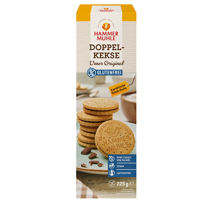 Zwei knusprige Kekse, dazwischen eine samtig-schokoladige Creme - mit den Doppelkeksen von Hammermühle kommt der Klassiker aus dem Keksregal als köstliche glutenfreie Variante zu Dir nachhause.
