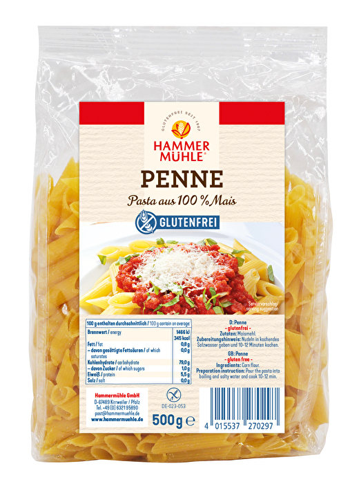 Die Penne von Hammermühle bestehen zu 100% aus Maismehl und schmecken hervorragend zu einer scharfen Arrabbiata Sauce oder mit frischem Pesto oder oder.