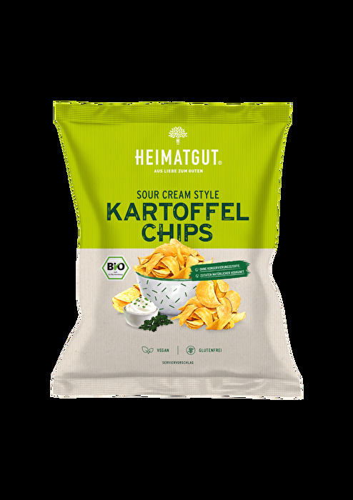 Die beliebtesten Kartoffelchips endlich in veganer Ausführung, die Kartoffel Chips Sour Cream Style von Heimatgut machen es möglich.