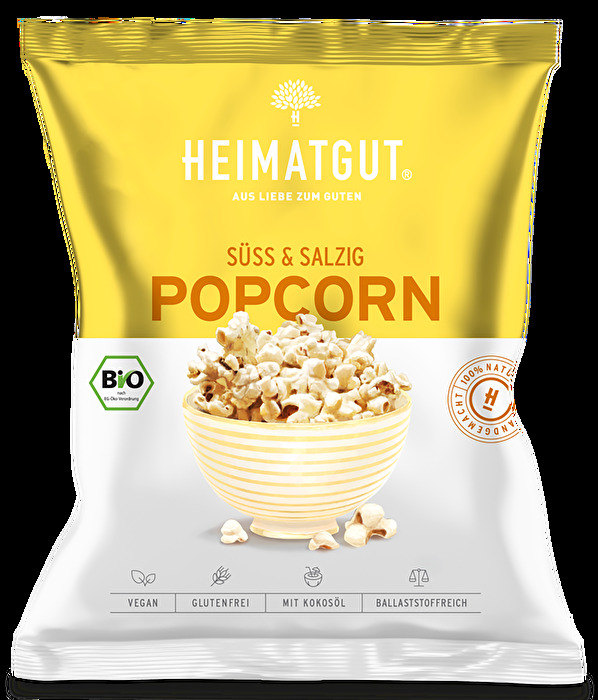 Karamelisierte Süße von Rohrohrzucker kombiniert mit einer Prise Meersalz machen das Popcorn Süß Salzig von Heimatgut zu einem absoluten Geschmackserlebnis.