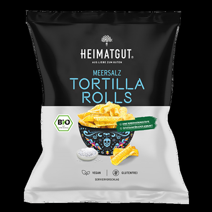 BIO Tortilla Rolls mit Meersalz von Heimatgut sind super knusprig und nehmen durch die gerollte Form beim Dippen besonders viel Sauce auf.