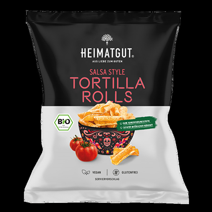 BIO Tortilla Rolls Salsa Style von Heimatgut eignen sich durch ihre besondere gerollte Form perfekt zum Dippen.