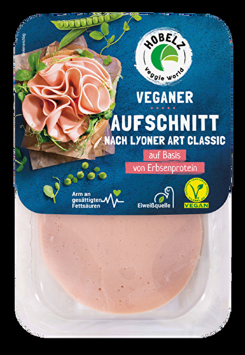 Der Veganer Aufschnitt Lyoner Art Classic von Hobelz bringt bestes Erbsenprotein aufs Brot.