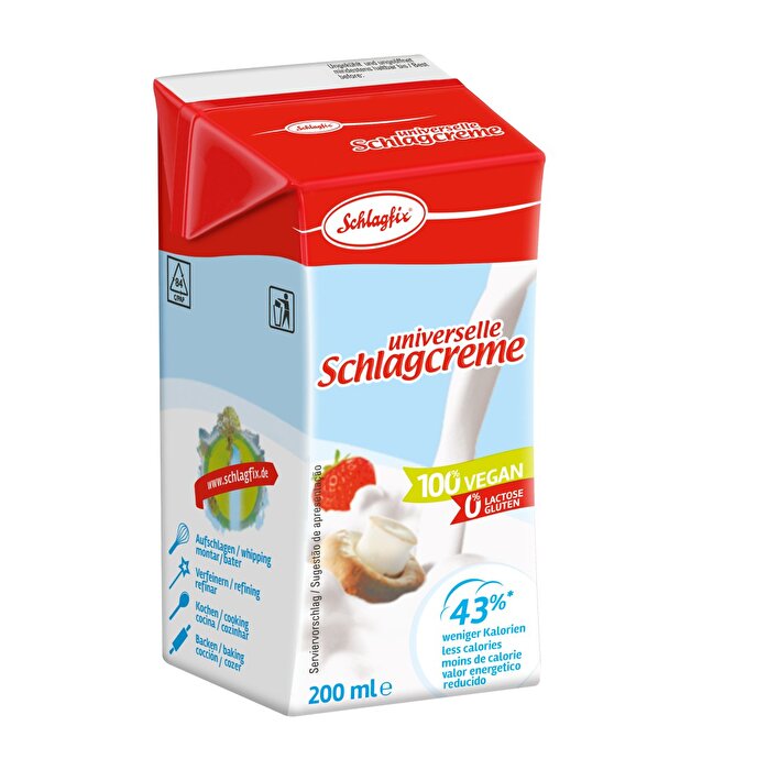 Die unvergleichliche Schlagfix Schlagcreme universell von LeHA in der ungesüßten Variante enthält 43% weniger Kalorien als ihr Sahne Äquivalent.