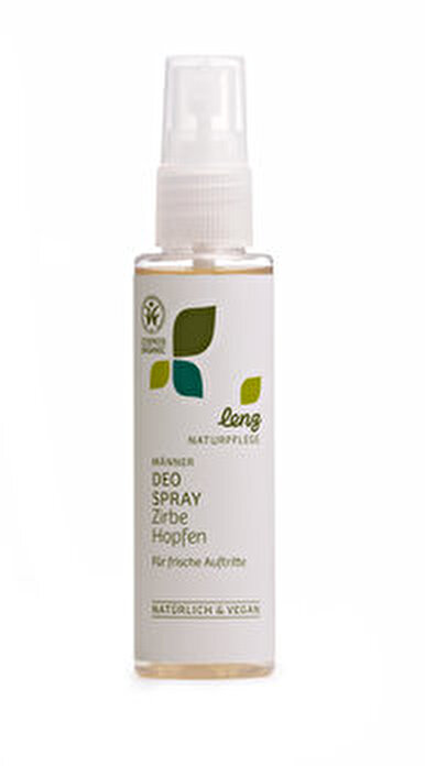 Das Männer Deo Spray Zirbe Hopfen von Lenz Naturpflege mit den besten Essenzen aus Hopfen und Zirbe beugt sicher Geruchsbildung vor und verwendet ausschließlich Zutaten aus dem Bereich der Naturkosmetik!