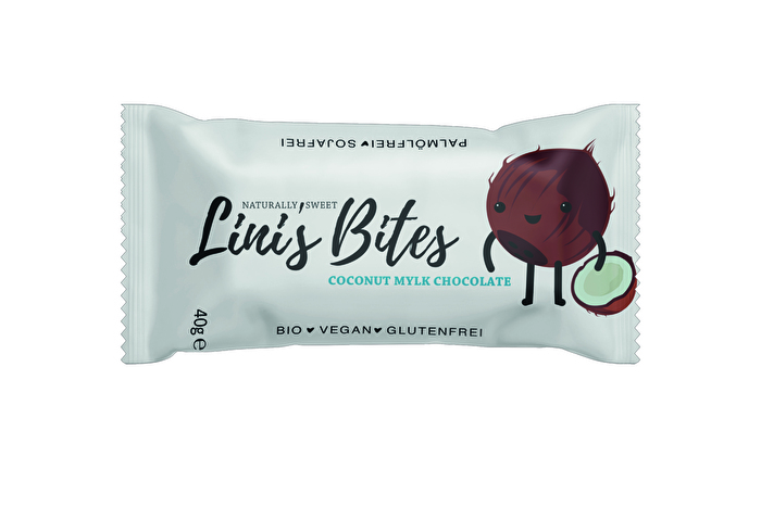 Der Coconut Mylk Chocolate Riegel von Lini's Bites ist natürlich süß, aus Zutaten in Bio-Qualität und super lecker.