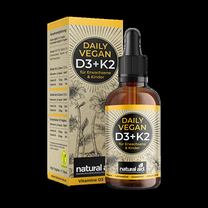 Die veganen D3+K2 Tropfen von natural aid können bei entsprechender Dosierung mit 500-1000 IE für Erwachsene als auch Kinder und in der Schwangerschaft angewendet werden.