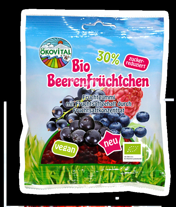Die Bio Beerenfrüchtchen von Ökovital sind mit echtem Fruchtsaftgehalt aus Fruchtsaftkonzentrat und besitzen gleich 30% weniger Zucker.