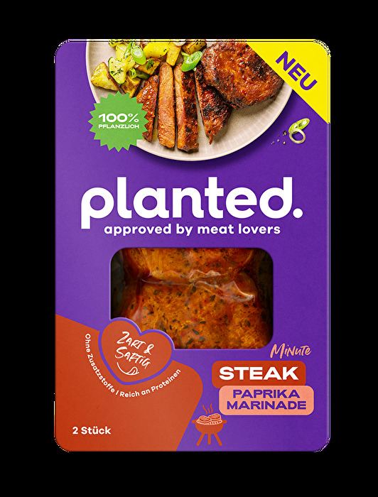 Steak Paprika von planted. - Würzig, saftig, 100 % pflanzlich. Dieses Steak bringt ordentlich Geschmack auf den Teller: zart wie Rinderfilet, verfeinert mit einer herrlich rauchigen Paprikamarinade.