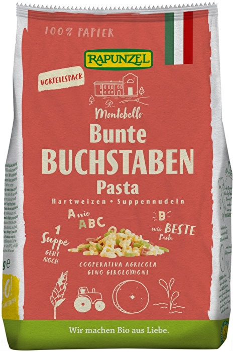 Die bunten Buchstaben Suppennudeln von Rapunzel bringen Abwechslung auf den Teller.