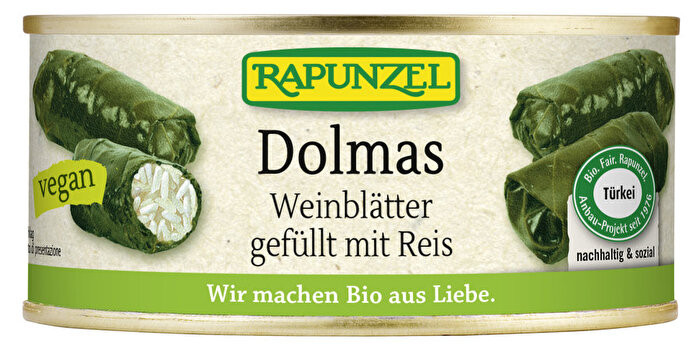 Die mit Reis gefüllten Dolmas Weinblätter von Rapunzel sind eine saftig-frische Spezialität aus der orientalischen Küche.