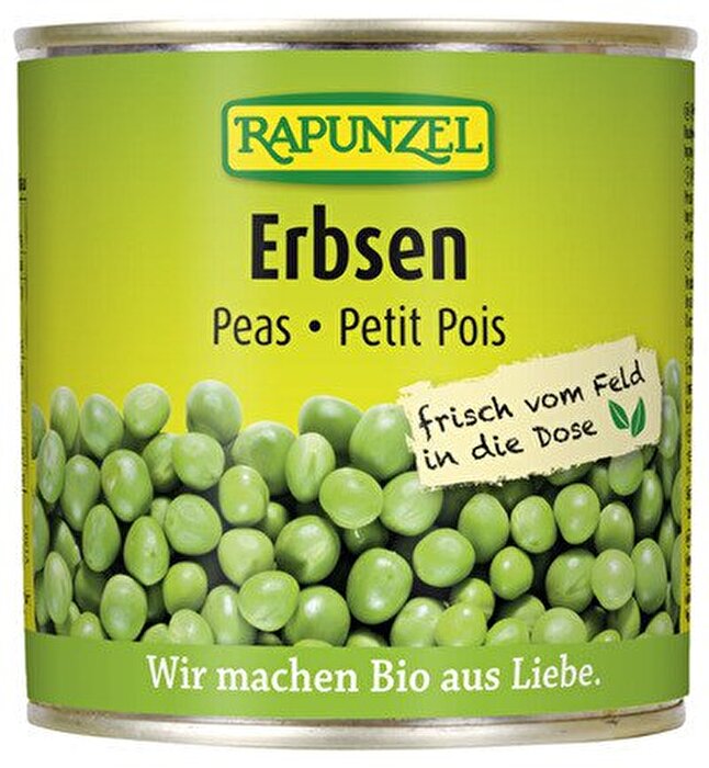 Die grünen Erbsen von Rapunzel sind mit etwas Meersalz gekocht und direkt aus der Dose verzehrfertig.