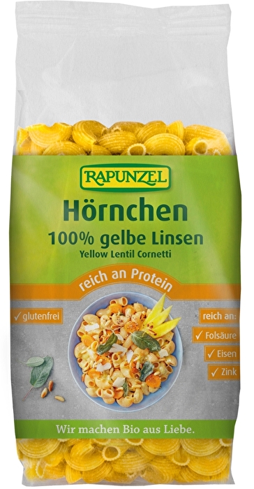 Die Gelbe Linsen Hörnchen von Rapunzel sind reich an Folsäure, Zink und Eisen.