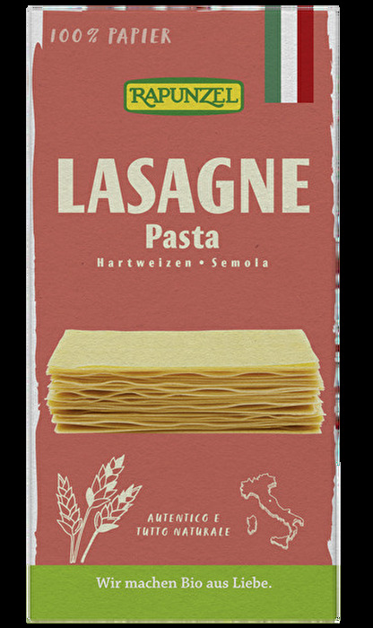 Die Lasagne-Platten von Rapunzel sind ohne Vorkochen verwendbar und sorgen für geschichtetes Vergnügen.