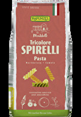 Die bunte Spirellivariante Tricolore von Rapunzel bringt Abwechslung auf den Teller.ller. Rapunzels italienischer Pastificio stellt die Pasta nach alter Tradition aus bestem italienischem Hartweizengrieß und reinem Quellwasser her.