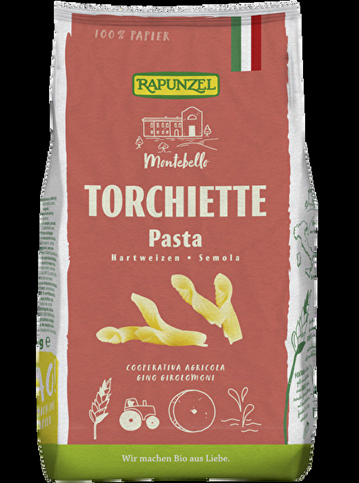 Die außergewöhnliche Form der Torchiette Semola von Rapunzel eignet sich ganz ausgezeichnet dazu, möglichst viel Sauce aufzunehmen.