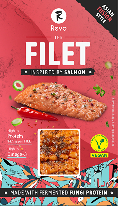 The Filet - - veganer Lachsersatz Asian Fusion Style von Revo Foods mit authentisch fischigem Geschmack und blättriger Lachsstruktur.