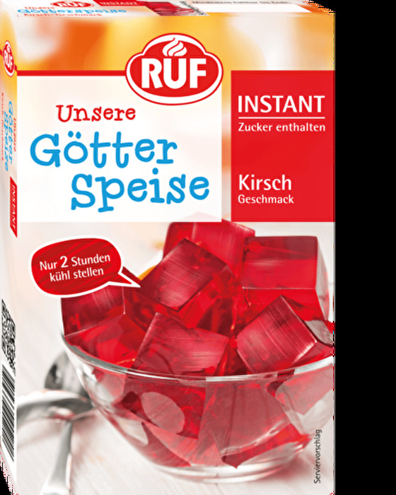 Die Instant Götterspeise Kirsch-Geschmack von RUF lässt sich sehr einfach mit Wasser anrichten und ist fast auf der Stelle einsatzbereit - der perfekte Nachtisch auf die Schnelle!