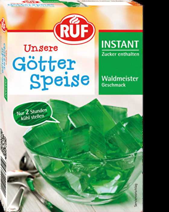 Die Instant Götterspeise Waldmeister-Geschmack von RUF ist fix zubereitet - da werden Kindheitserinnerungen wach! Einfach Wasser hinzugeben, vermischen und ab in den Kühlschrank - schneller kommst Du kaum zu einem leckerem Nachtisch!
