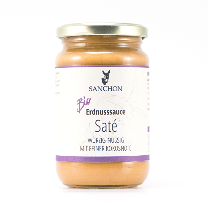 Die Erdnusssauce Saté von Sanchon passt hervorragend zu Tofu, einer Gemüsepfanne oder Reis.