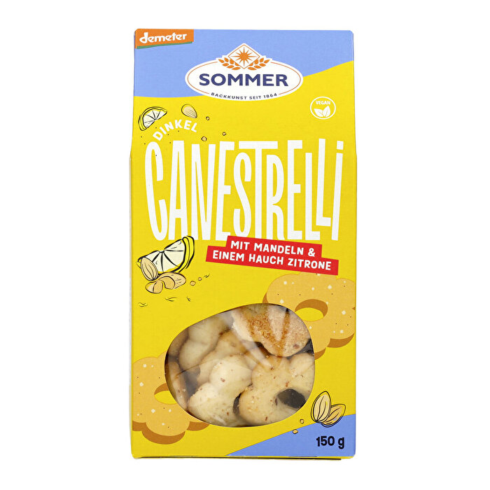 Dinkel Canestrelli von Sommer – Aromatisches Gebäck mit Mandeln und einem Hauch Zitrone. Nussig, fruchtig und frisch im Geschmack – ein Genussmoment für jede Gelegenheit!