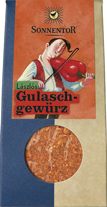Das perfekte Gewürz für Deinen veganen Gulasch! in Laszlos Gulaschgewürz Tüte von Sonnentor sorgen Knoblauch, Kümmel und Paprika für die typisch ungarische Würze.