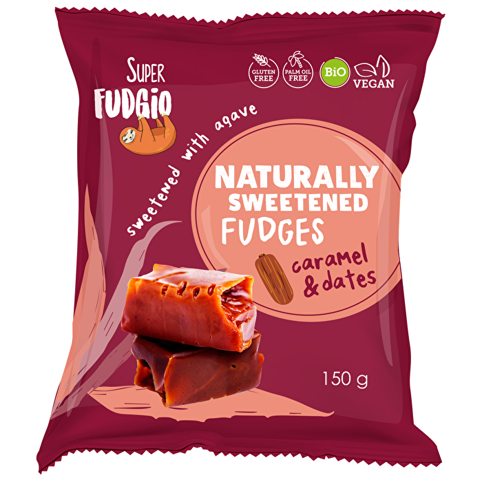 Die mit Agave und Datteln gesüßten Toffees von Super Fudgio kommen ganz ohne Zuckerzusatz aus. Die Süße erhalten die Toffees vom Agaven- und Dattelpulver.