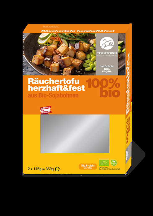 Der Räuchertofu herzhaft & fest von Tofutown besteht aus Bio-Sojabohnen aus Österreich.