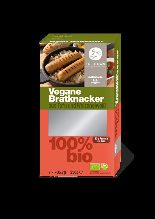 Die veganen Bratknacker von Tofutown bestehen aus Tofu- und Weizeneiweiß und sind damit ein richtiger Proteinlieferant.