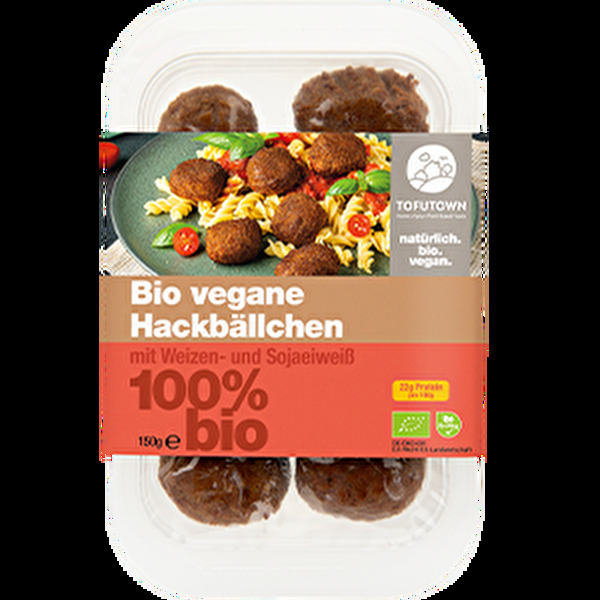 Die veganen Hackbällchen von TOFUTOWN sind köstliche kleine Bällchen auf Basis von Weizen- und Sojaeiweiß.