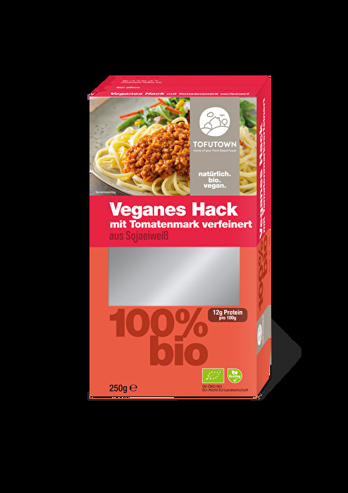 Mit dem veganen Hack mit Tomatenmark von TOFUTOWN kannst du dich kreativ in der Küche austoben.