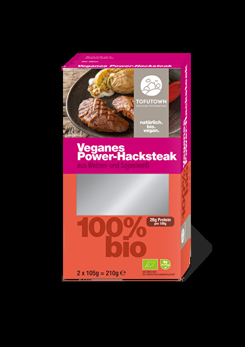 Die veganen Power-Hacksteaks von TOFUTOWN sind richtige Energielieferanten und versorgen dich mit einer ordentlichen Portion Eiweiß.
