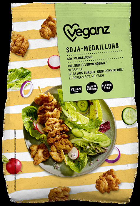 Mit den Soja-Medaillons von Veganz kannst du easy vegane Spieße herstellen oder dein Frikassee mit einer veganen Fleischalternative versehen.