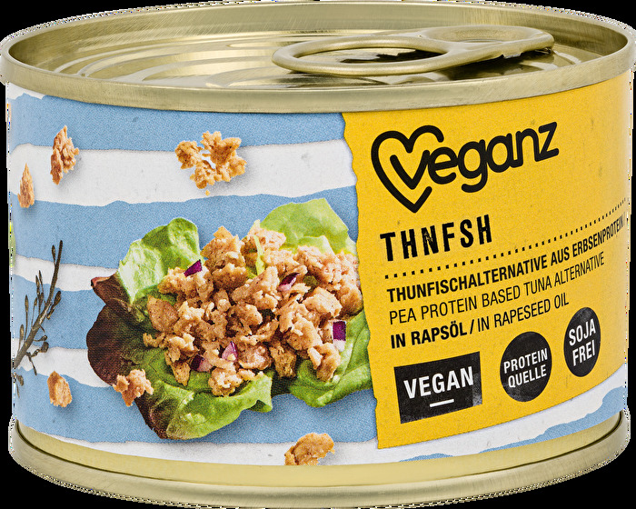 Der THNFSH von Veganz ist eine vegane Alternative zu Thunfisch auf Basis von Erbsenprotein.