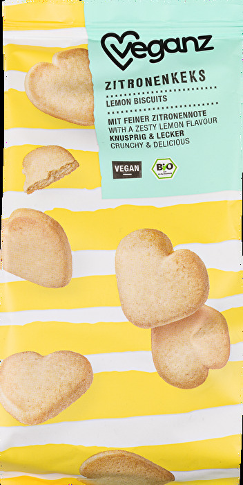 Die Zitronenkekse von Veganz sind kleine Mürbeteig Kekse in Herzform mit erfrischender Zitronennote.