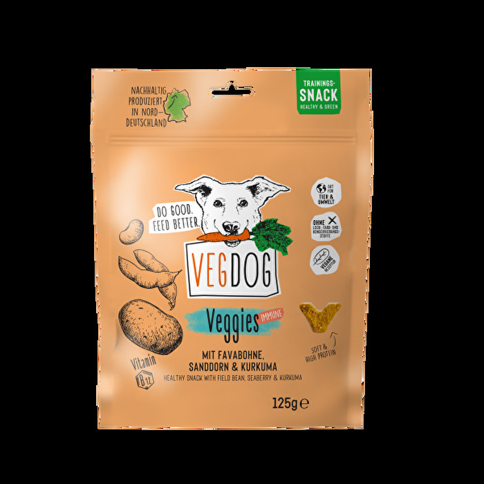 Die Veggies Immune von Vegdog sind ein leckerer Hundesnack, der mit Sanddorn und Curcuma das Immunsystem Deines Lieblings richtig ankurbeln! So ein Snack wird gern mal verfüttert!